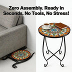 Set of 2 Mosaic Outdoor Side Tables Round, 15 Inch Height - Small Patio Table Set, Foldable Sun Pattern Metal Plant Stands for Garden, Balcony & Yard (Mosaic Sun, 2 Pack)