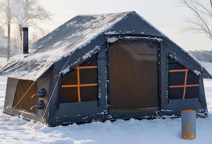Inflatable Tents for Camping with Stove Jack, 2/4/6/8 Person Easy Setup Blow Up Tents for 4 Seasons Waterproof Inflatable Camping Tent with Awning, Air House Glamping Tents for Camping Adult