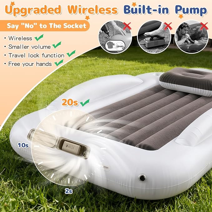 Inflatable Toddler Travel Bed - Toddler Blow Up Bed with Built in Pump - Kids Air Mattress Set with Safety Sides - Portable Ideal for Vacation Camping and Sleepover (60 Inches)