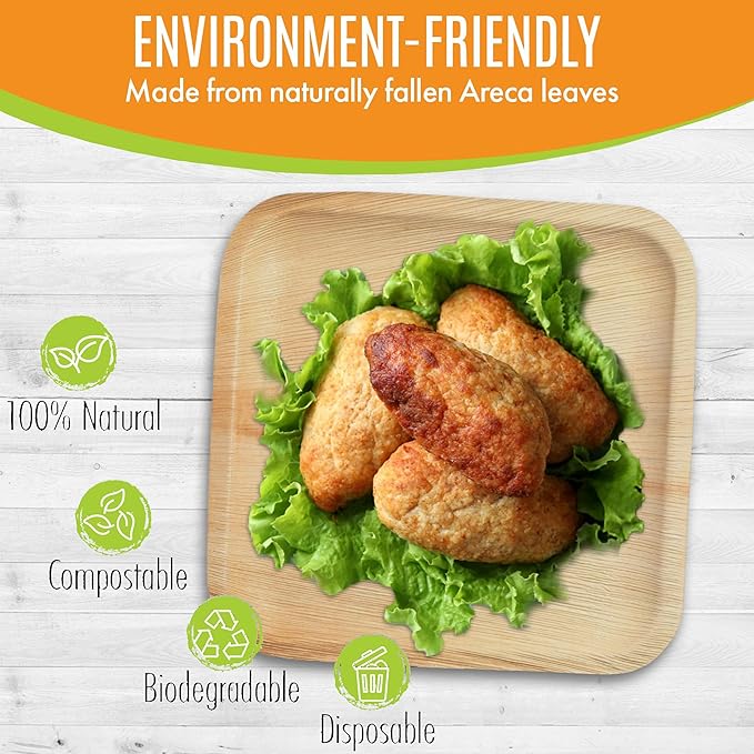Raj Palm Leaf Plates Bulk [50-Pack] 10" Square Plates (10 CASES - 500 PACK) like Bamboo plates Disposable, Strong, Decorative Compostable Tableware for weddings, Lunch, Dinner, Birthday etc