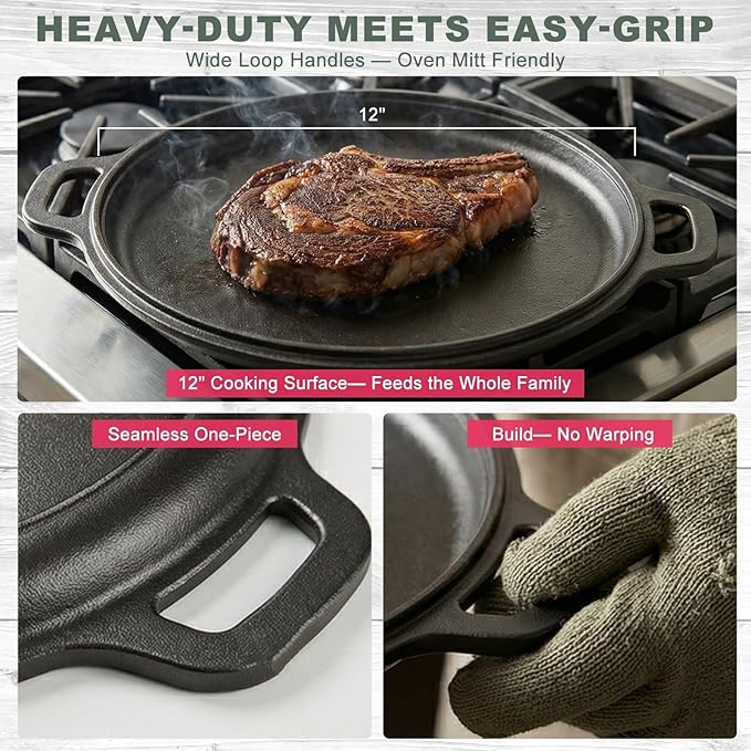12" Nonstick Cast Iron Griddle Pan -Comals Para Tortillas, Dishwasher Safe&Pre-Seasoned Round Skillet with Handles for Stove Top, Oven, Grill & Camping –Versatile Flat Top for Pancakes&Meats