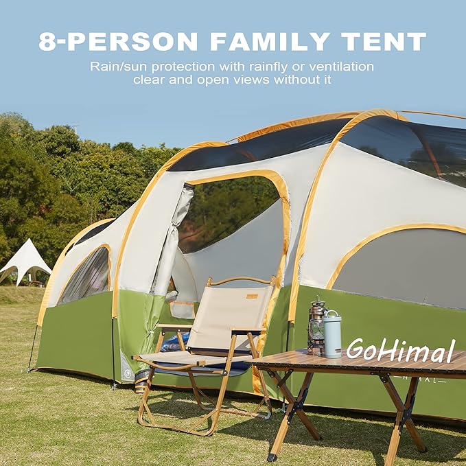 8 Person Tent for Camping, Waterproof Windproof Family Tent with Rainfly, Divided Curtain Design for Privacy Space, Portable with Carry Bag