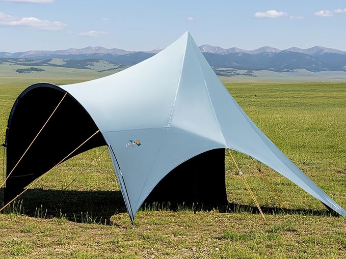Large Blackout Camping Tarp with Poles Waterproof Shade Canopy Tent Tarp Sun Shade Shelter for Outdoor Camping Backyard Picnic - Included Guy Lines & Luminous Tent Stakes, Gray