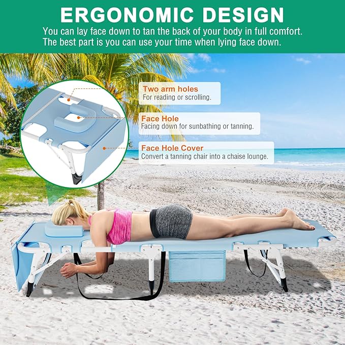 LILYPELLE Tanning Chair with Face Hole, Heavy Duty Outside Lounge Chair with Mattress, Folding Outdoor Face Down Tanning Chairs Arm Hole for Beach Poolside Patio Sunbathing Lawn Camping