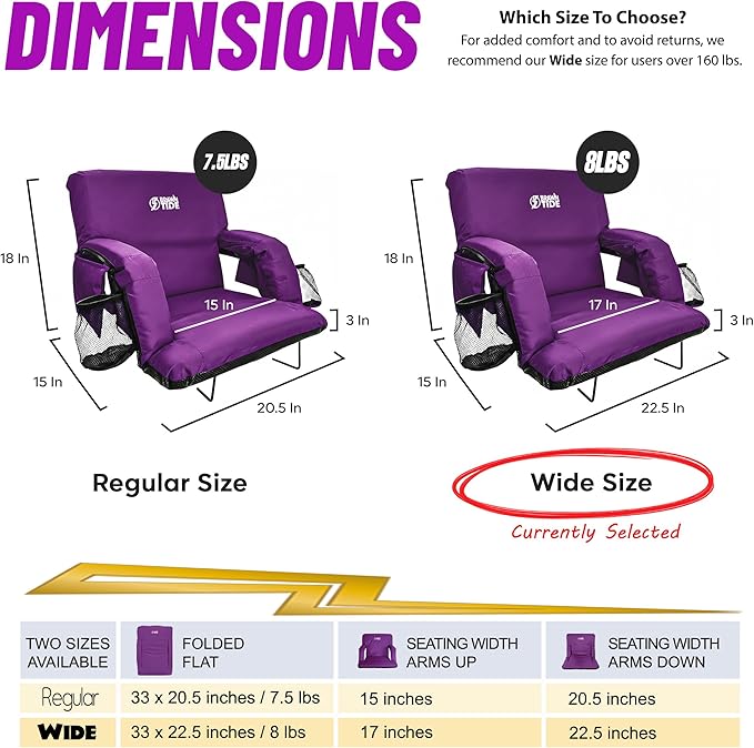 BRAWNTIDE Stadium Seat for Bleachers with Back Support - Wide Padded Reclining Bleacher Seat, Portable Folding Stadium Chair with Armrests, Hooks, Straps, Cup Holders & Pockets for Games & Concerts