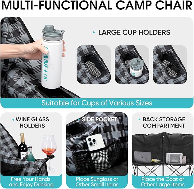 Padded Double Camping Chair Folding Loveseat 2 Person Camp Chair Heavy Duty Lawn Chairs Camping Couch Outdoor Folding Sofa