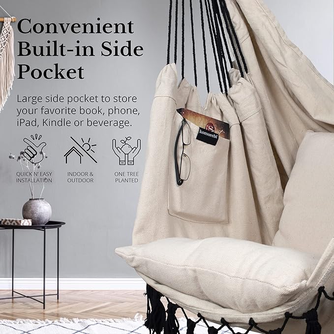 KOMOREBI Hammock Chair - Ivory Black - 60" x 47" - Hanging Rope Swing for Indoor & Outdoor - Soft & Durable Cotton Canvas - 2 Cushions Included - Large Macrame Hanging Chair for Bedroom, Patio, Porch
