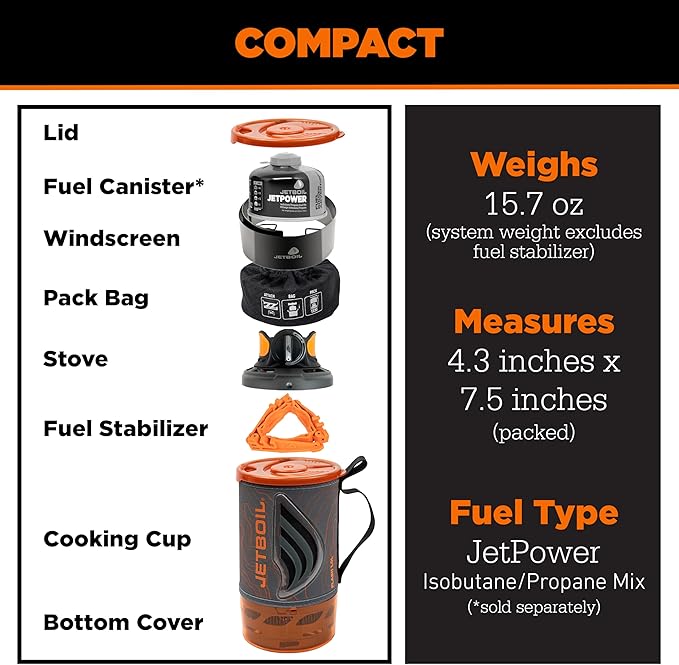 Jetboil Flash 1.0L Portable Fast Boil Stove with WindGuard for Camping and Backpacking, 1-Step Auto Ignition, New for 2026, Propane/Isobutane Burner, Topo