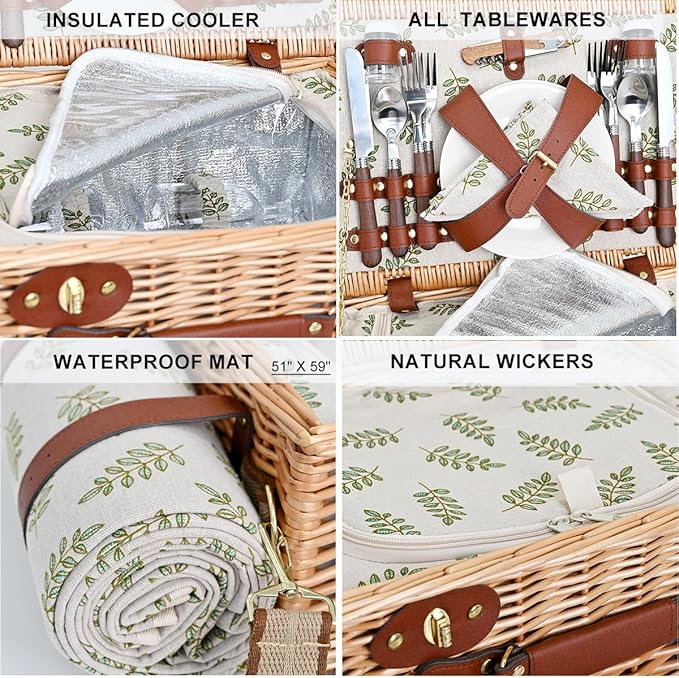 Picnic Basket with Blanket and Wine Pouch for 4, Wicker Picnic Set with Insulated Liner Cooler Bag Hamper for Camping,Wedding - Leaf