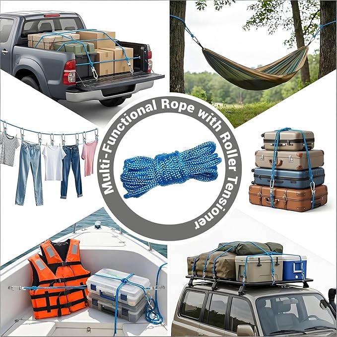 6 Pack Rope with Roller Tensioner for Easy and Secure Tying,2026 New Heavy Duty Retractable Buckle Rope with Accessory Cord for Camping Boating Home Storage Outdoor Use