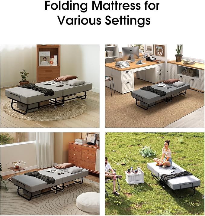 Folding Bed with Mattress, Portable Foldable Bed on Wheels for Adults, Memory Foam Mattress and Metal Frame, Space Saving Roll Away Beds for Easy Storage