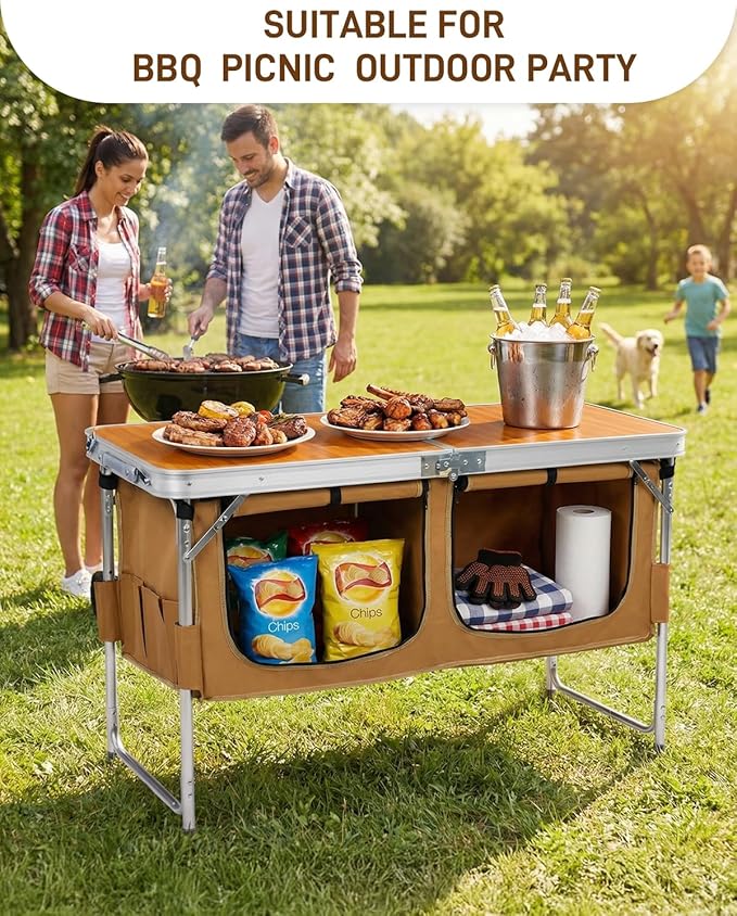 Outvita Folding Table, 4FT Aluminum Camping Table with Large Storage Space and Adjustable Height Picnic Table Lightweight for Carring Outdoor Party Events Beach