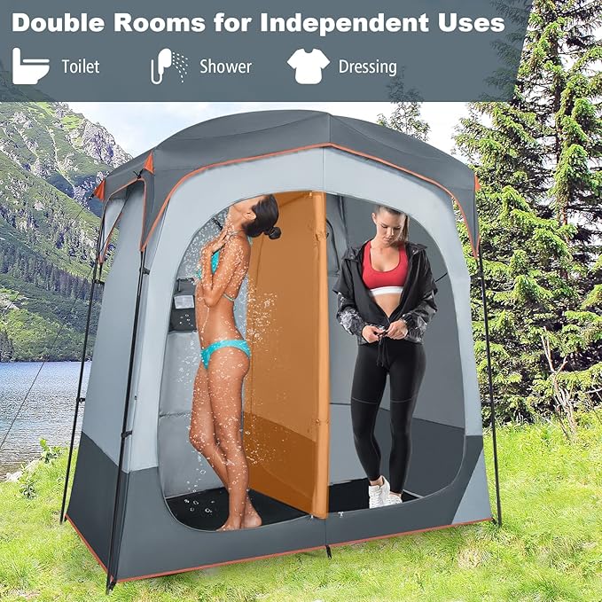 Tangkula Double Room Shower Tent, Oversize Space Privacy Tent with Floor, Removable Rain Fly, Inside Pocket, Clothesline, Top Hook, Portable Outdoor Changing Tent for Dressing, Camping, Toilet