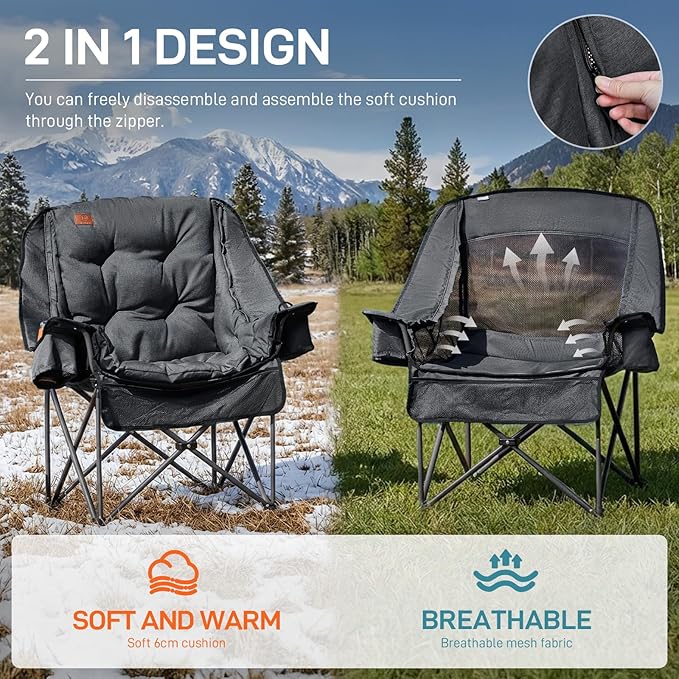 EVER ADVANCED 2 Set Camping Chair with Detachable Cushion, Mesh Chair for Adults Foldable, Oversized Heavy Duty Folding Chair with Cooler Mesh Pocket Cupholder Outdoor Fishing, Supports 400LBS Black