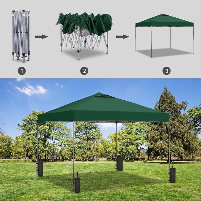 GDY 10x10 Pop Up Canopy Tent with Vents, 3 Adjustable Height, Outdoor Canopy with 4 Sandbag,Patio Sun Shade for Events, Parties, Camping, (Green).