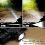 Headlamp Rechargeable, 1200 Lumen Zoomable LED Head Lamp for Adults, IP66 Waterproof Rechargeable Headlight with 9 Modes, Super Bright Head Flashlight with 2600 mAh for Outdoor Camping Hiking Running
