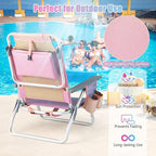 GYMAX Beach Chairs, Backpack Camping Chair with Armrest, Cooler Bag, Cup Holder, Towel Bar & Side Pockets, Sunbath Sling Tanning Lounge, Folding Layout Chair (4 Chairs Without Table, Pink)