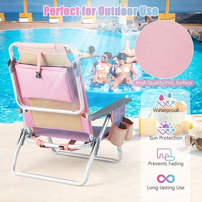 GYMAX Beach Chairs, Backpack Camping Chair with Armrest, Cooler Bag, Cup Holder, Towel Bar & Side Pockets, Sunbath Sling Tanning Lounge, Folding Layout Chair (4 Chairs Without Table, Pink)