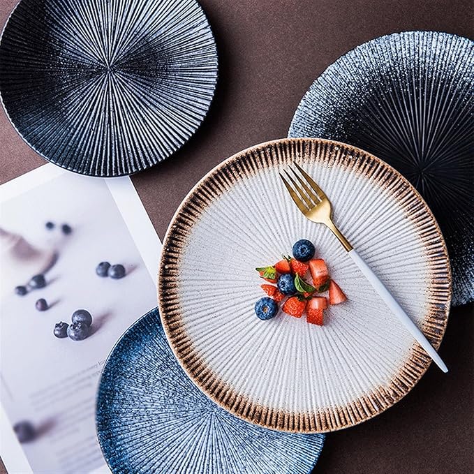 Camping Plates Fruit Tray Ceramic Flat Plate Dessert Plate Salad Plate Dinner Plate Home Tableware Kitchen Restaurant Flat Plate Round Steak Plate Decorative Plate(06,B)