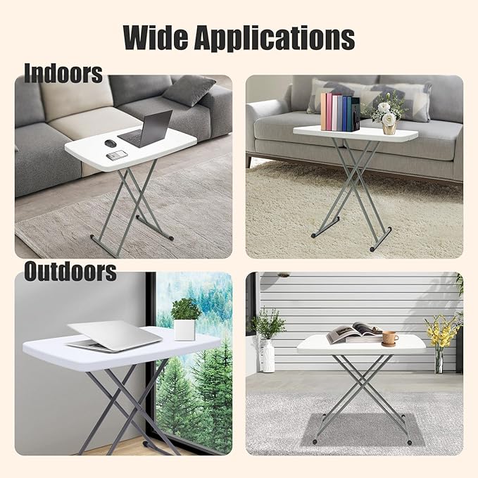 Adjustable Folding Table – 30" x 20" Foldable Desk with 3 Height Settings (18", 25", 29"), Lightweight Small Table for Camping, Outdoor, Indoor, Bedside Use, Portable White Granite Table
