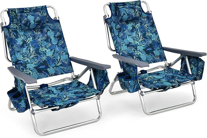 Goplus Beach Chair, Folding Backpack Beach Chairs for Adults with 5 Positions, Head Pillow, Cooler Bag, Towel Bar, Cup Holders, Sunbath Sling Tanning Lounge, Foldable Layout Camping Chairs