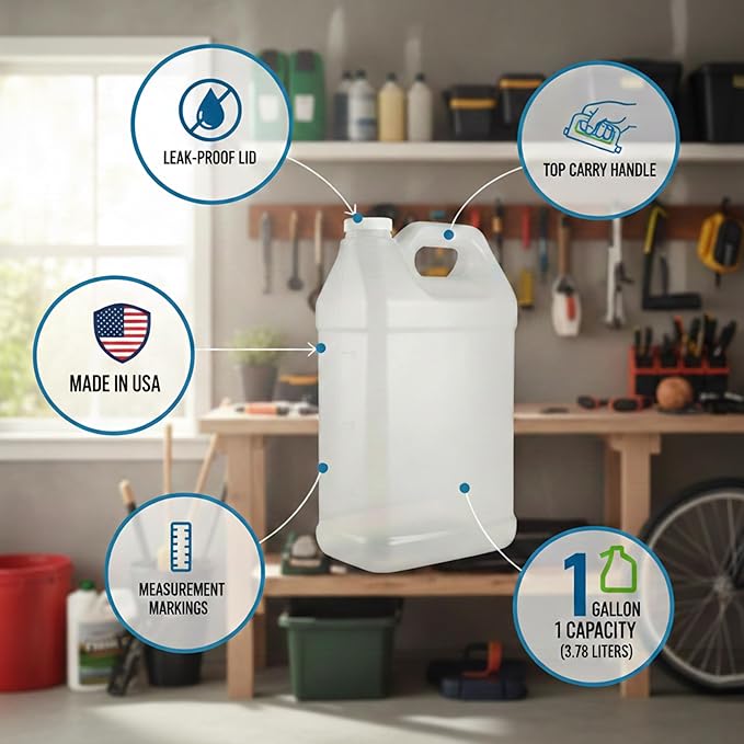 kitchentoolz 1 Gallon Water Jug with Lid – Heavy-Duty HDPE F-Style Plastic Jug for Drinking Water, Camping, Emergency Storage & Utility Liquids – Made in USA - 2 Pack