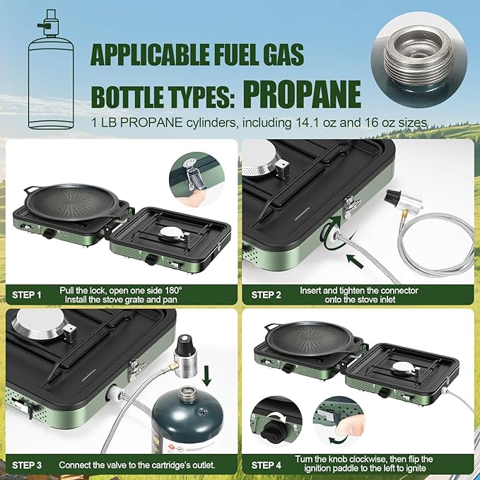 Portable Camping stove, 2 Burner Foldable Camping Stove with Griddle and Carrying Bag & Hose, 8600BTU Portable Propane Camp Stove with Ignition & 2 Adjustable Burners,for Camping Tailgating BBQ Grill