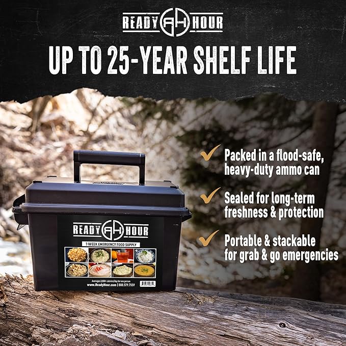 Ready Hour 1-Week Food Supply Ammo Can (58 Servings), Emergency Storage Rations, Prepper Kit, Survival Food, Freeze-Dried, 25-Year Shelf Life, Flood-Safe Container