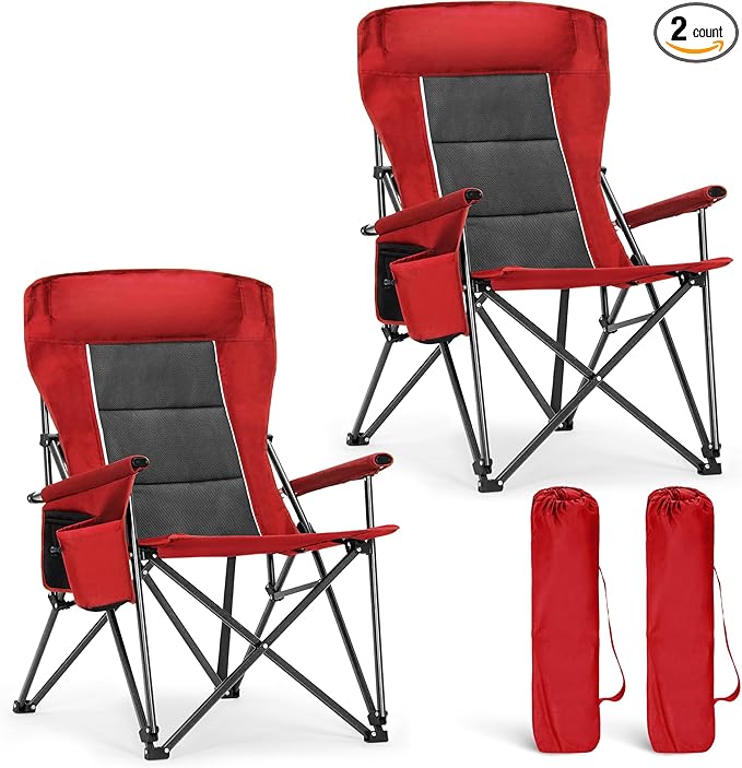 ALPHA CAMP Heavy Duty High Back Camping Chairs with Cup Holder Oversized Folding Chair Outdoor Chair with Headrest,Lawn with Side Pocket for Lawn, Sports and Fishing, 500lbs