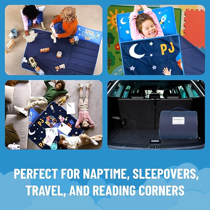 Jay Franco Kids Nap Mat with Embedded Pillow & Blanket – Soft 46"x20" Microfiber Sleeping Bag with Name Tag & Handle for School, Travel, Sleepover