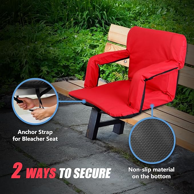 Wide Stadium Seat for Bleachers with Back Support -2 Pack Reclining Adults Camping Stadium Chair Extra Thick Cushion Bleacher Seats Waterproof Black