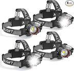 Super Bright LED Headlamp 4 Pack, High Lumen Rechargeable Head Lamp with Motion Sensor, 5 Modes, IPX5 Waterproof, 90° Adjustable, Zoomable Head Lights for Adults, Hard Hat, Outdoor, Camping