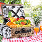 Picnic Basket for 4 Persons with Waterproof Picnic Blanket and Insulated Cooler, Large Wicker Picnic Basket for Camping, Outdoors, Valentine's Day, Christmas, Birthday, Wedding Gift