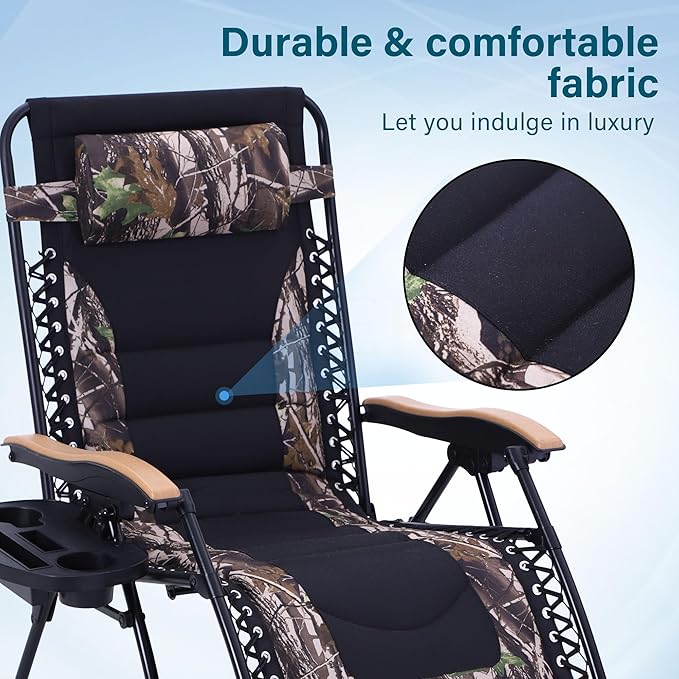 MFSTUDIO Zero Gravity Chairs, Oversized Patio Recliner Chair, Padded Folding Lawn Chair with Cup Holder Tray, Support 400lbs, Camouflage