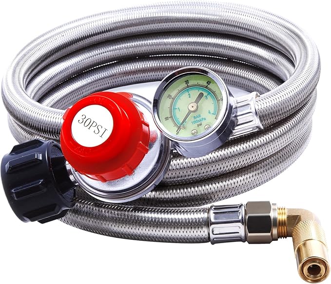 6 FT Propane Adapter Hose with 0-30 PSI High-Pressure Adjustable Propane Regulator Gauge Universal Type 1 (QCC1), Propane Hose for 17"/22" Blackstone Tabletop Griddle Coleman Portable Grill