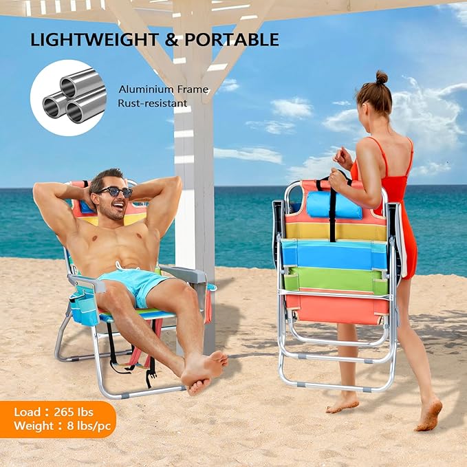 VINGLI Tall Beach Chair 2 Pack Lightweight, Backpack Beach Chair for Adults with 5-Position, Cooler Bag, Cup Holders, Towel Bar, Folding Beach Camping Chairs（16“-Rainbow）