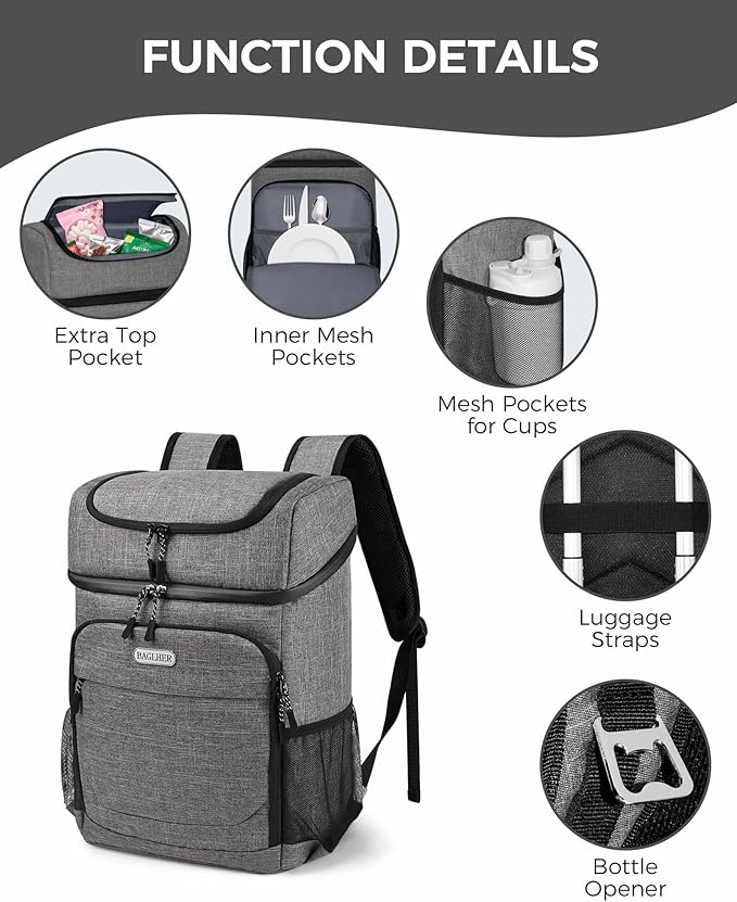 BAGLHER Lightweight Insulated Cooler Backpack - 30 Cans, Leak-Proof for Lunch, Picnic, Hiking, Camping Trips