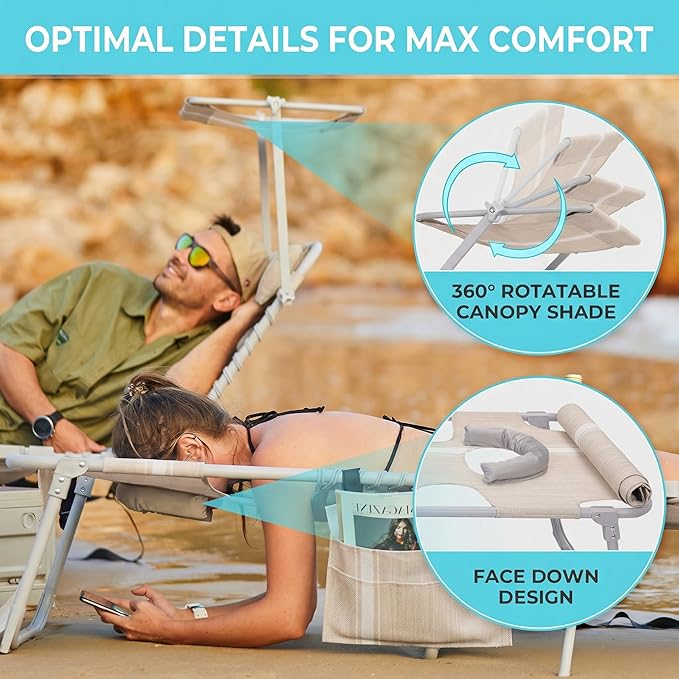 #WEJOY Tanning Chair with Face Hole & Canopy & Side Table, 5 Positions Adjustable Sunbathing Lounge Chair Facedown Chaise Lounge with Pillow Quick Dry for Beach Pool Outdoor Camping Patio,Khaki