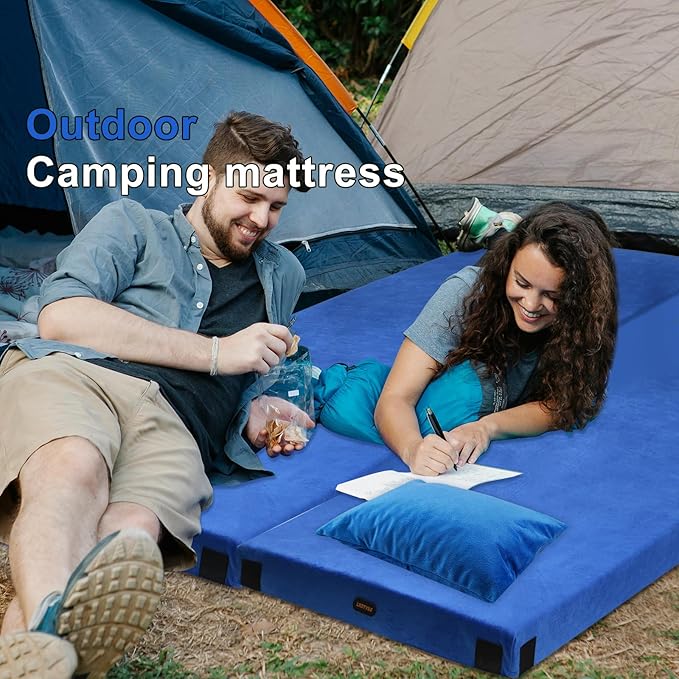 Memory Foam Camping Mattress pad, Sleeping Mat for Adults with Non-Slip Bottom, Portable Roll Up Mattress, Cot Pad for Car Camping(Twin XL, Blue)