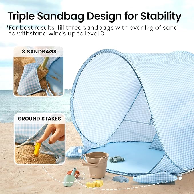 Tiny Land Baby Beach Tent – Pop Up Baby Tent with UV Protection, Portable Baby Beach Essentials, 35.4"x27.6"x31.5" Sun Shelter for Infants, Baby Summer Outdoor Use (Light Blue Gingham)