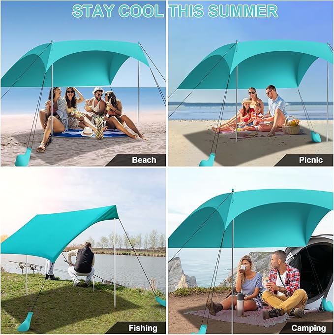 Beach Tent Sun Shelter UPF50+ with Sandbags, Sand Shovel & Windproof Poles - Portable Pop Up Canopy for Beach, Camping, Picnics, Backyard & Fishing (Cyan,6.9x6.5FT)