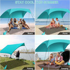 Beach Tent Sun Shelter UPF50+ with Sandbags, Sand Shovel & Windproof Poles - Portable Pop Up Canopy for Beach, Camping, Picnics, Backyard & Fishing (Cyan,6.9x6.5FT)