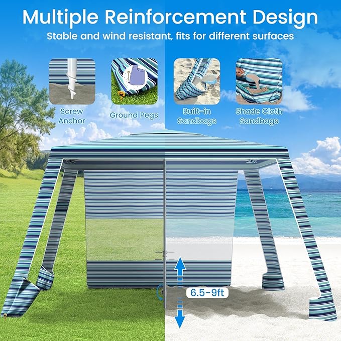 MoKo Beach Cabana, 8'×8' Large Beach Canopy with Side Wall, UPF 50+ Protection Easy Setup Beach Tent Sun Shelter, Adjustable Height Wind Resistant Cabana Beach Tent for Whole Family, Blue-Green Stripe