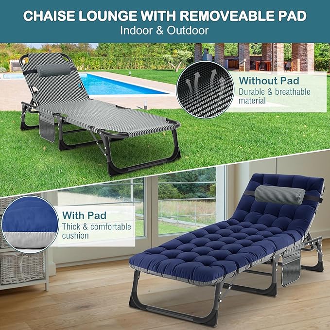 NAIZEA Folding Camping Cot W/Mat for Adults, Adjustable Lounge Chair Outdoor, Heavy Duty Sleeping Cot Bed, Travel Camp Cots for Pool, Beach, Patio Sunbathing