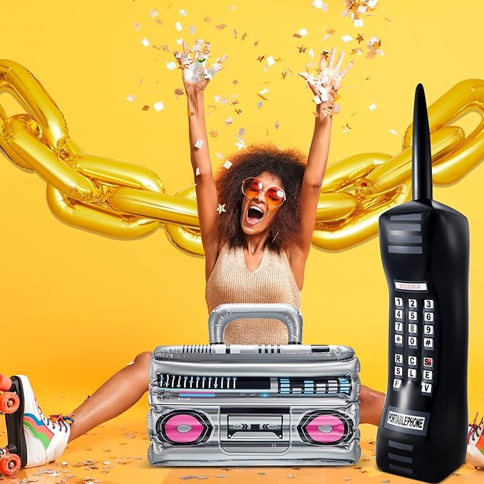 Cunhill 22 Pcs 80s 90s Party Decorations Include Inflatable Boom Box Beverage Cooler, Inflatable Mobile Phone and 20 Gold Foil Chain Balloons for Hip Hop Theme Supplies Cosplay Props