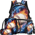 Baseball Backpack and Lunchbox Boys Sports Backpack Lightweight Trendy Kids Bookbag and Lunch Box Set Boys 4 Piece School Bag for Boys 6-7 Travel Outdoor Daypack Camping