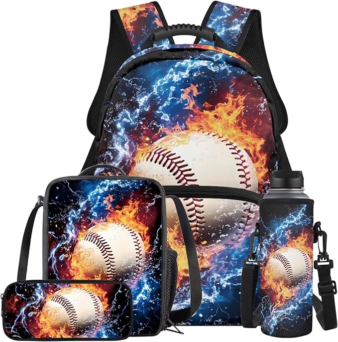 Baseball Backpack and Lunchbox Boys Sports Backpack Lightweight Trendy Kids Bookbag and Lunch Box Set Boys 4 Piece School Bag for Boys 6-7 Travel Outdoor Daypack Camping