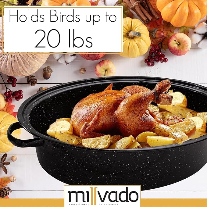 Roasting Pan With Lid, Thanksgiving Turkey Roaster Pan, Extra Large 20 lb Capacity, 19" Granite Oven Roaster Oval Shaped Speckled Enamel on Steel Cookware,for Roasting Turkey, Chicken, Lamb