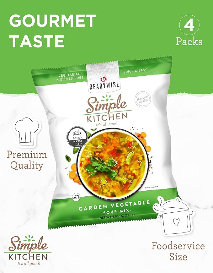 Simple Kitchen Garden Vegetable Soup Mix - 17 Servings for Meal Prep, Gluten Free, Vegetarian, Dehydrated & Freeze Dried Survival Food for Camping Meals, Backpacking & Hiking, Survival Kit, Pack of 4