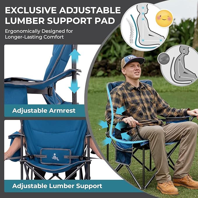 FUNDANGO Oversized Camping Chairs for Adults, Heavy Duty Fold Up Sports Games Lawn Chairs, Extra Wide Big Man Outdoor Chairs with Padded Lumbar Support Backrest, Bag Included for Camp, Outside, Beach